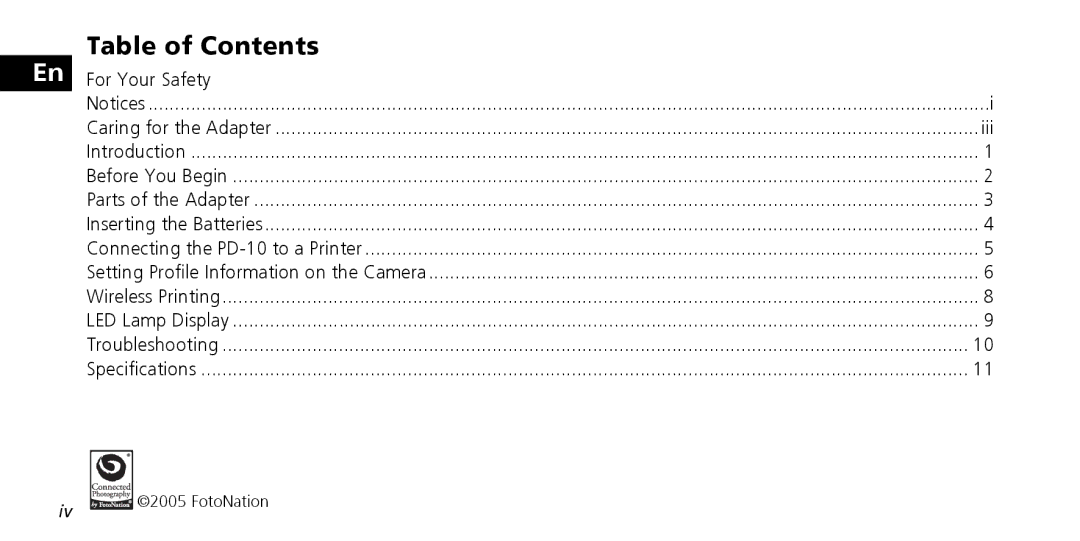 Nikon PD-10 instruction manual Table of Contents 