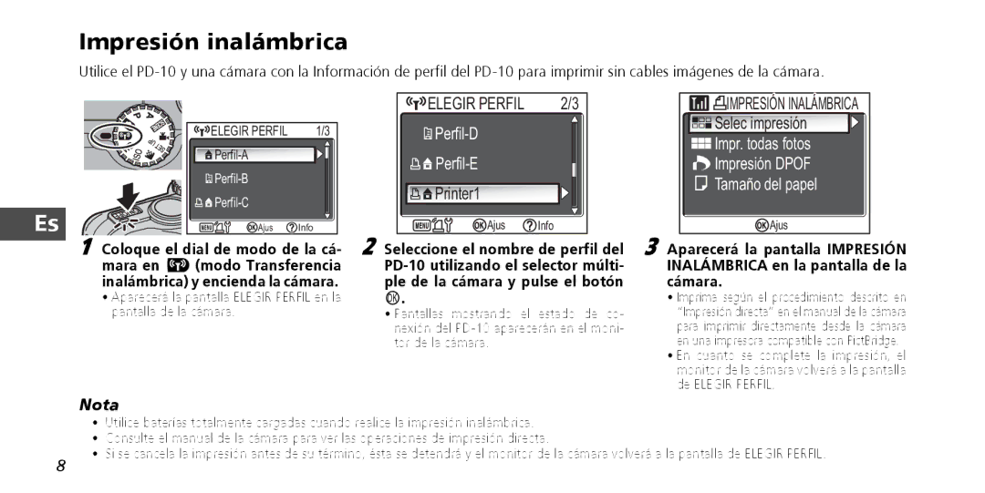 Nikon PD-10 instruction manual Impresión inalámbrica, Selec impresión 