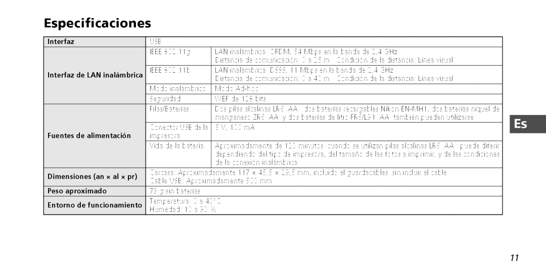 Nikon PD-10 instruction manual Especificaciones 