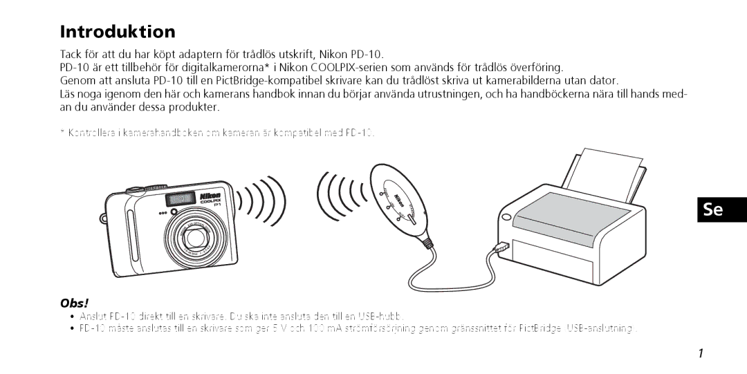 Nikon PD-10 instruction manual Introduktion, Obs 