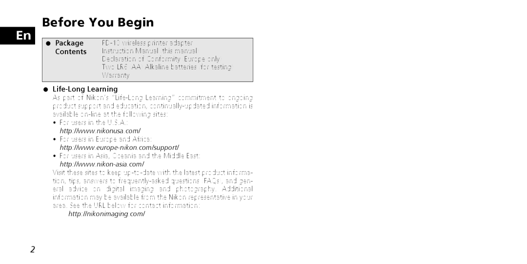 Nikon PD-10 instruction manual Before You Begin, Life-Long Learning 
