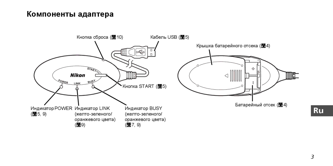 Nikon PD-10 instruction manual Компоненты адаптера, Кнопка сброса c10 Кабель USB c5 Крышка батарейного отсека c4 