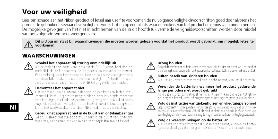 Nikon PD-10 instruction manual Voor uw veiligheid 