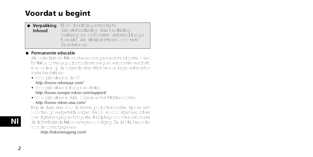 Nikon PD-10 instruction manual Voordat u begint, Permanente educatie 