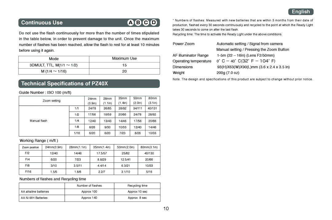 Nikon instruction manual Continuous Use, Technical Specifications of PZ40X 