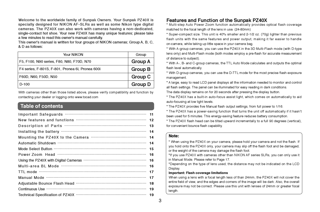 Nikon PZ40X instruction manual Table of contents 