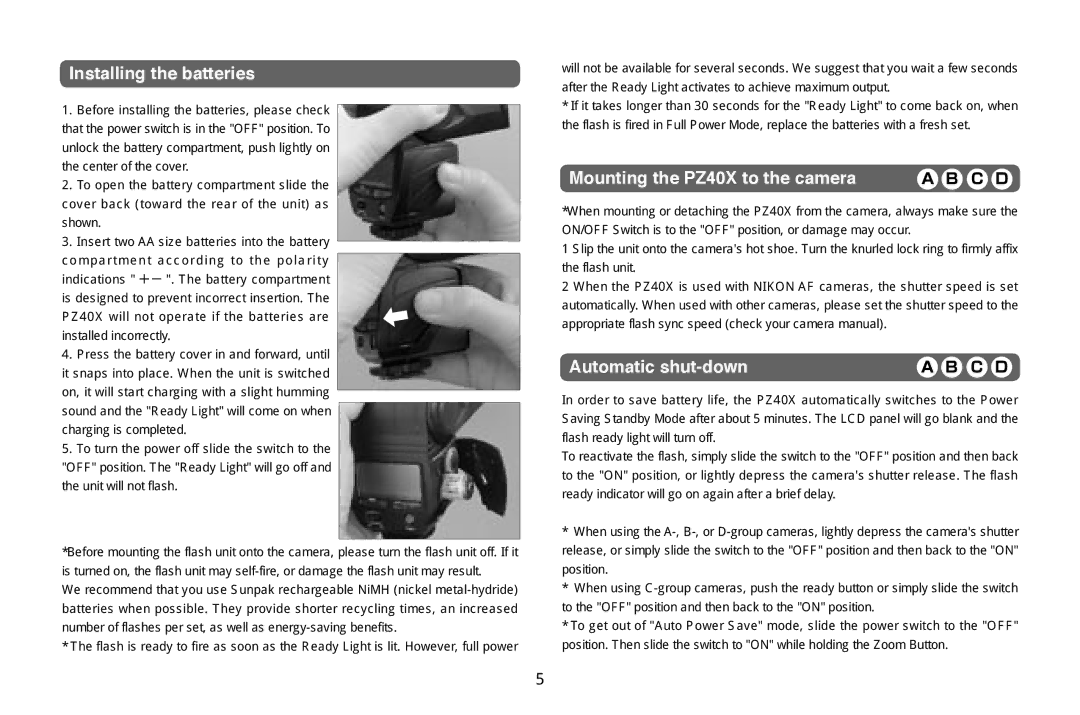 Nikon instruction manual Installing the batteries, Mounting the PZ40X to the camera, Automatic shut-down 