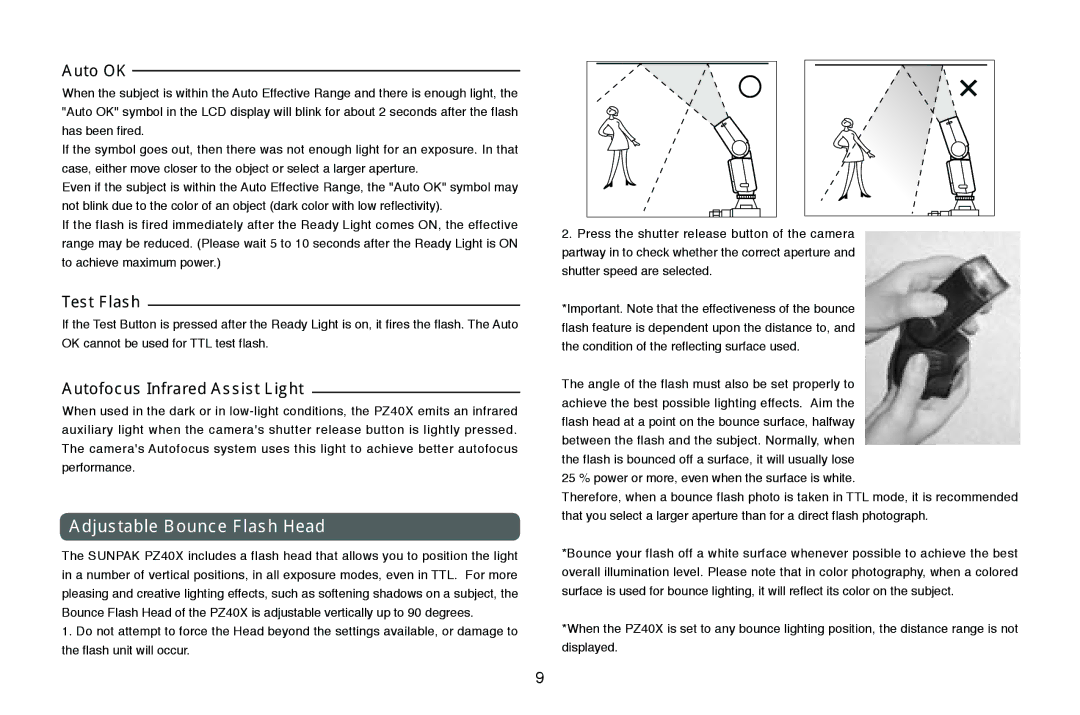 Nikon PZ40X instruction manual Adjustable Bounce Flash Head, Auto OK, Test Flash, Autofocus Infrared Assist Light 