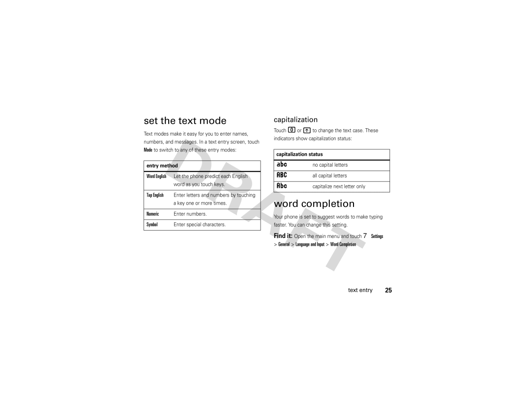 Nikon QA4 manual Set the text mode, Word completion, Entry method, Capitalization status 