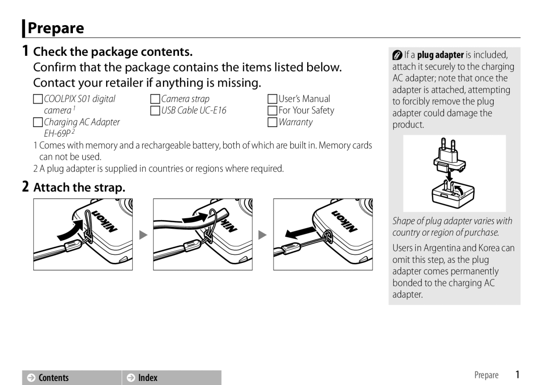 Nikon 26350, S01 Silver, COOLPIXS01RED, COOLPIXS01SIL, 26349, 26347 manual Prepare, Check the package contents, Attach the strap 