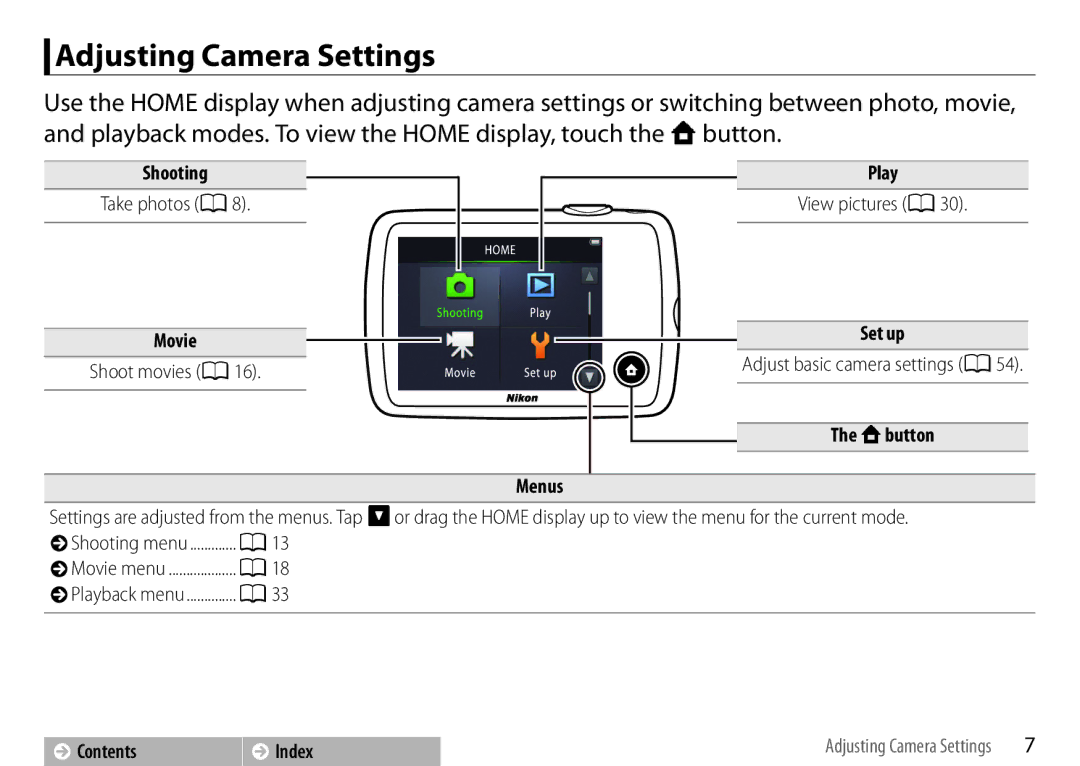 Nikon COOLPIXS01SIL, S01 Silver, COOLPIXS01RED, 26350, 26349, 26347 manual Adjusting Camera Settings 