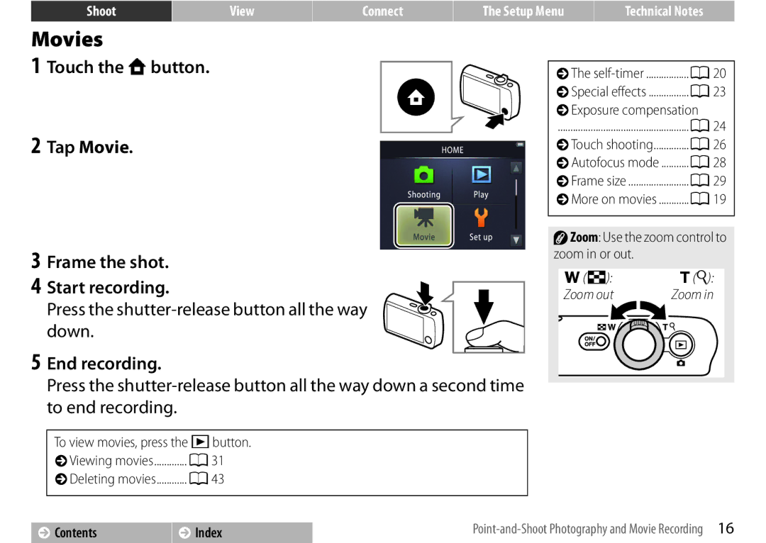 Nikon 26349, S01 Silver, COOLPIXS01RED Movies, Touch the Wbutton Tap Movie Frame the shot Start recording, End recording 