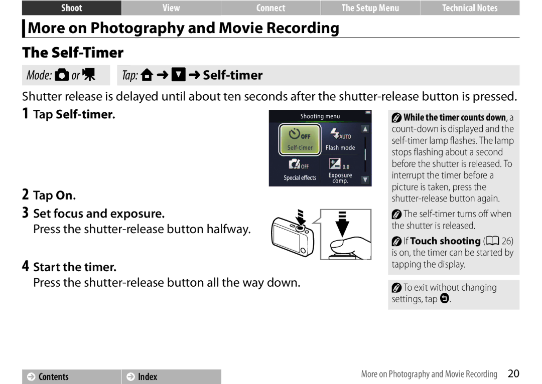 Nikon COOLPIXS01RED More on Photography and Movie Recording, Self-Timer, Tap Self-timer Tap On Set focus and exposure 