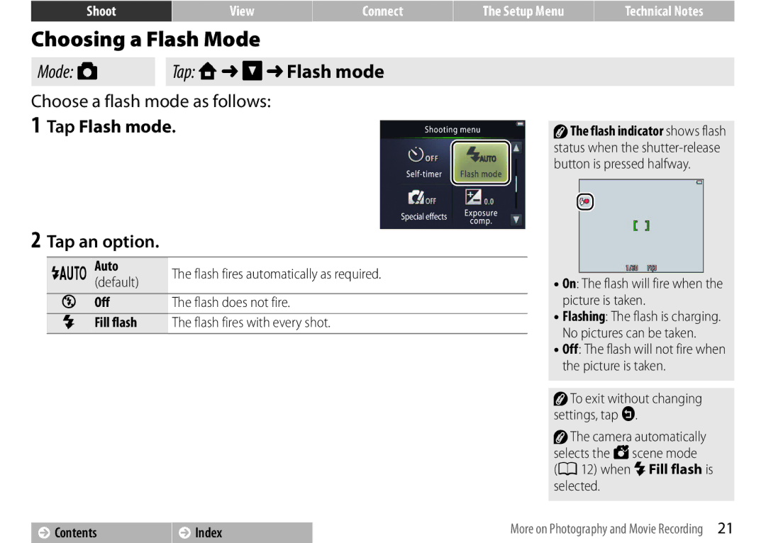 Nikon COOLPIXS01SIL, S01 Silver, 26350 Choosing a Flash Mode, Choose a flash mode as follows, Tap Flash mode Tap an option 