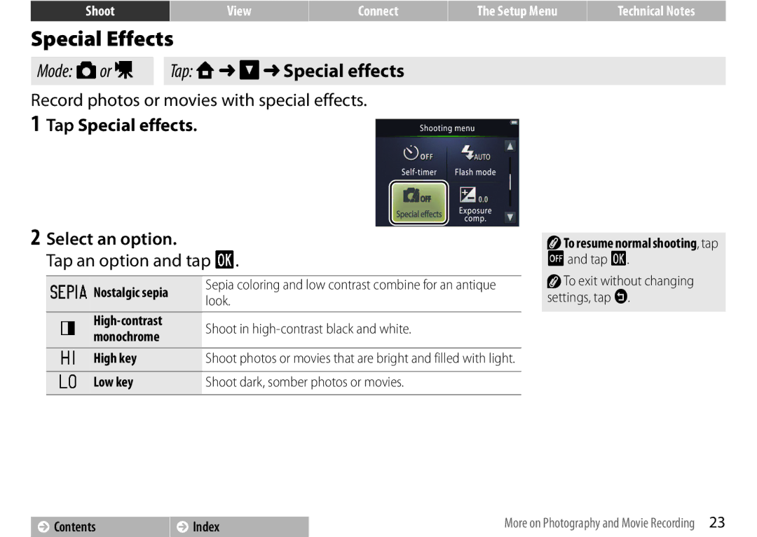 Nikon 26349, S01 Silver Special Effects, Mode Aor D Tap W C Special effects, Record photos or movies with special effects 