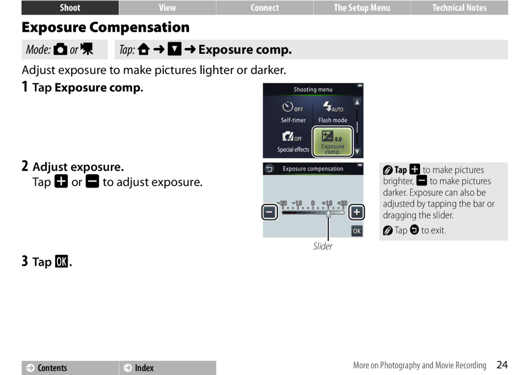 Nikon 26347, S01 Silver, 26350 Exposure Compensation, Mode Aor D Tap W C Exposure comp, Tap Exposure comp Adjust exposure 