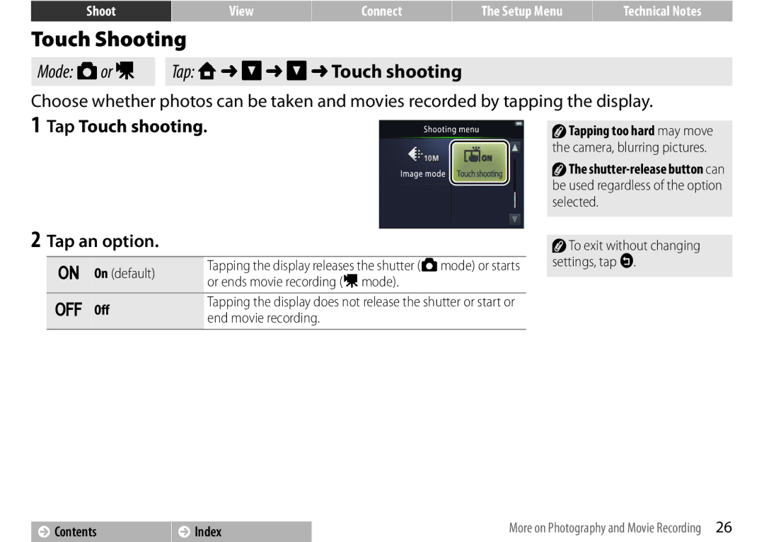 Nikon S01 Silver, COOLPIXS01RED Touch Shooting, Mode Aor D Tap W C C Touch shooting, Tap Touch shooting Tap an option 