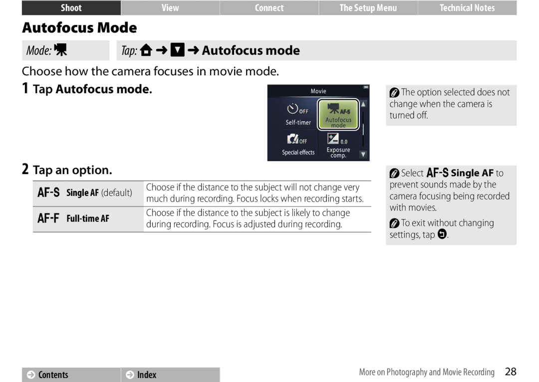 Nikon COOLPIXS01SIL, 26350 Autofocus Mode, Choose how the camera focuses in movie mode, Tap Autofocus mode, Turned off 