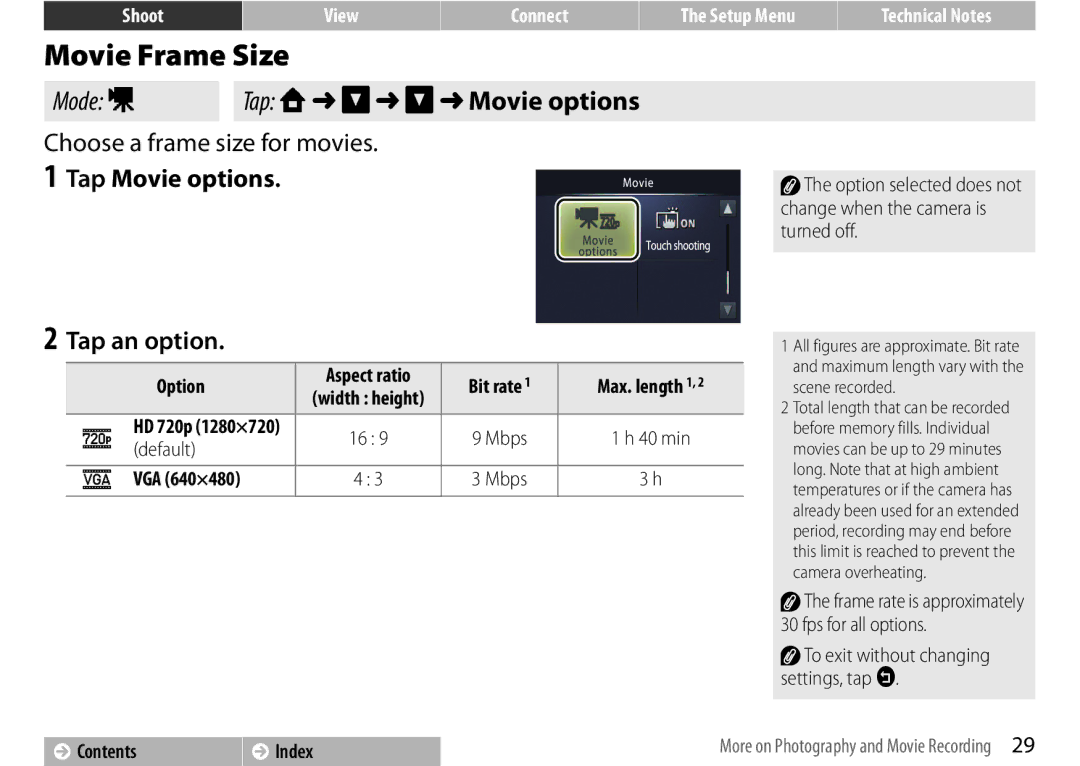 Nikon 26350, S01 Movie Frame Size, Choose a frame size for movies, Tap Movie options Tap an option, Bit rate, VGA 640×480 