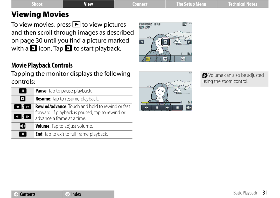 Nikon 26347, S01 Silver, COOLPIXS01RED, COOLPIXS01SIL Viewing Movies, Tapping the monitor displays the following controls 