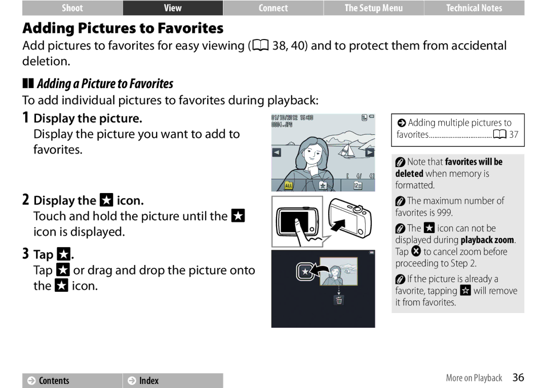 Nikon 26350 Adding Pictures to Favorites, Adding a Picture to Favorites, Display the picture, Display the Dicon, Tap D 