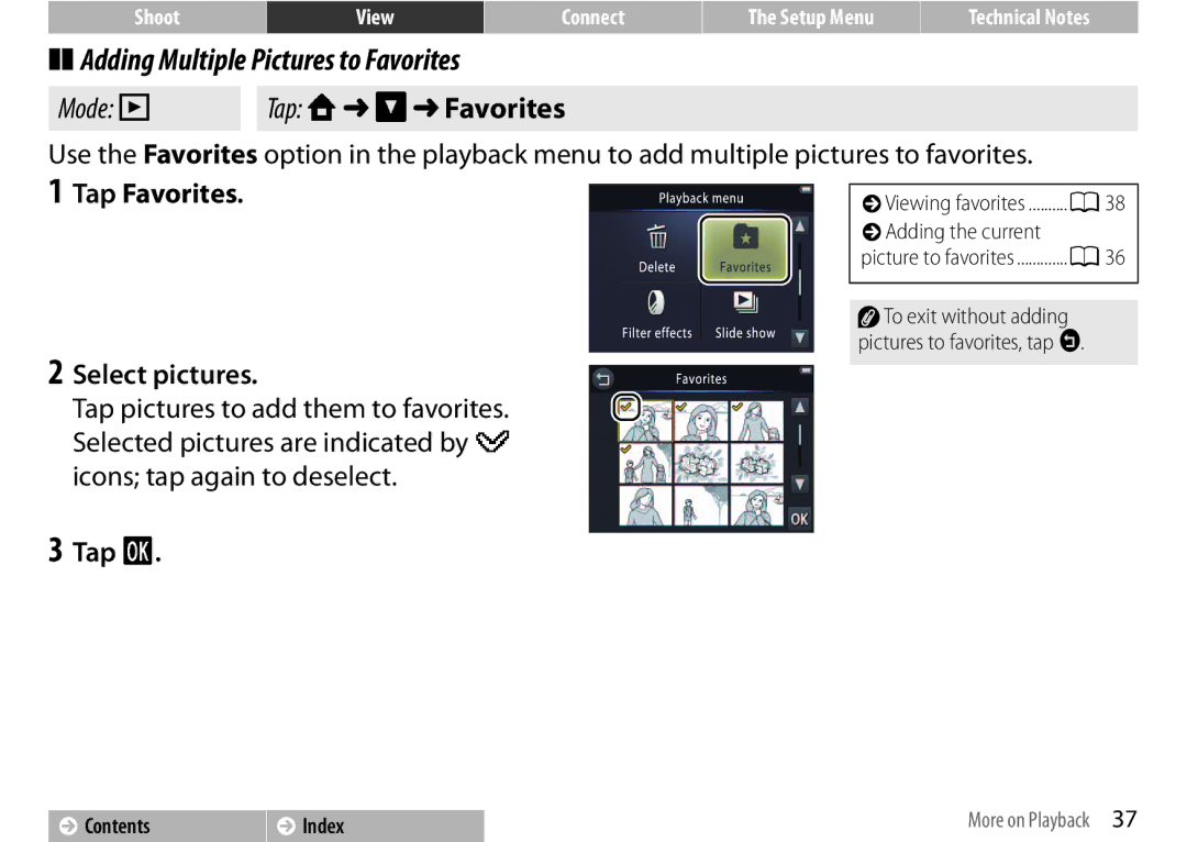 Nikon 26349, S01 Silver, COOLPIXS01RED, 26350 manual Adding Multiple Pictures to Favorites, Tap W C Favorites, Select pictures 