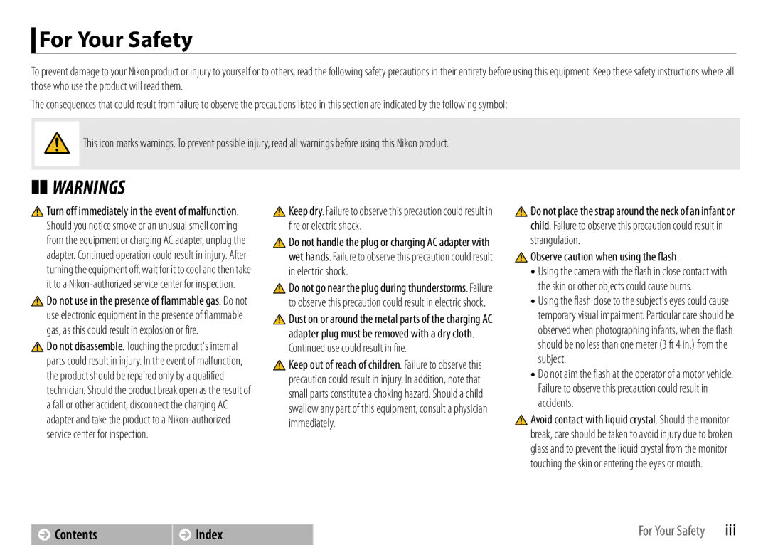 Nikon 26349, S01 Silver, COOLPIXS01RED, COOLPIXS01SIL, 26350, 26347 manual For Your Safety, Observe caution when using the flash 