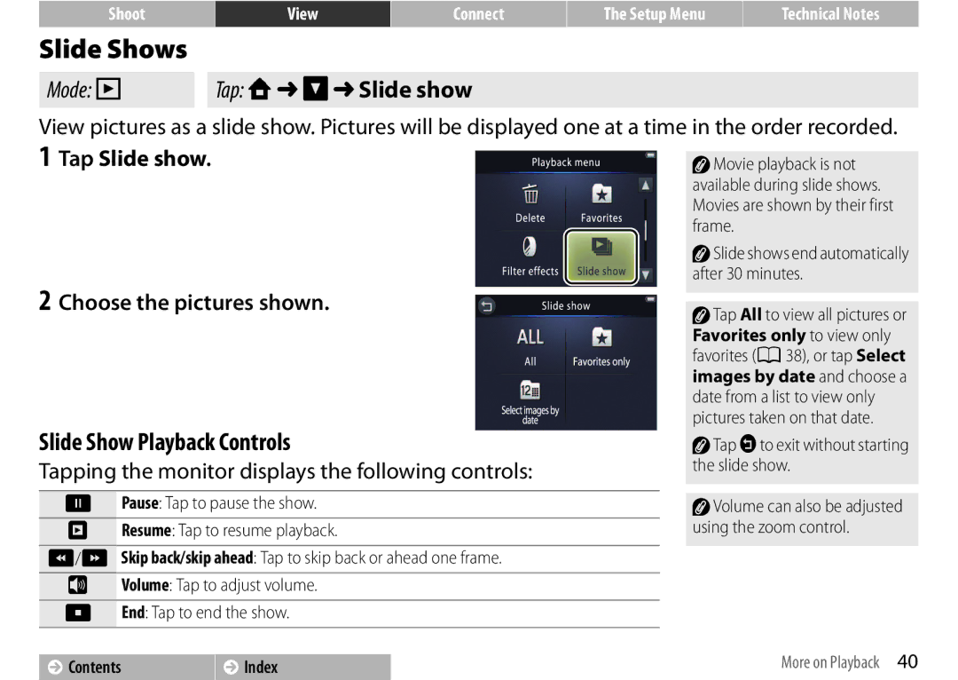 Nikon S01 Silver, COOLPIXS01RED, COOLPIXS01SIL Slide Shows, Tap W C Slide show, Tap Slide show Choose the pictures shown 