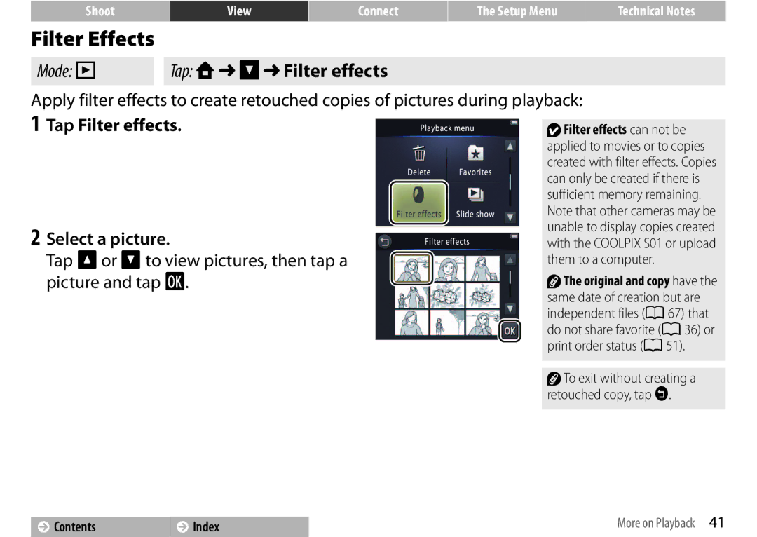 Nikon COOLPIXS01RED, S01 Silver, COOLPIXS01SIL Filter Effects, Tap W C Filter effects, Tap Filter effects Select a picture 