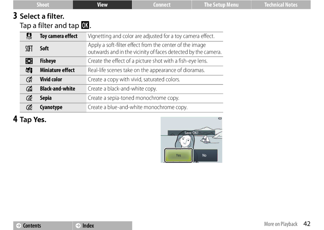 Nikon COOLPIXS01SIL, S01 Silver, COOLPIXS01RED, 26350, 26349, 26347 manual Select a filter, Tap a filter and tap, Tap Yes 