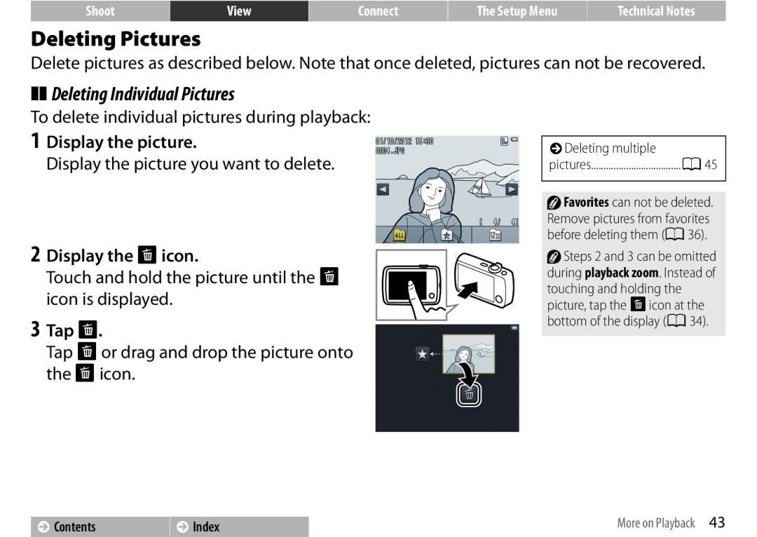 Nikon 26350, S01 Silver, COOLPIXS01RED, 26349 manual Deleting Pictures, Deleting Individual Pictures, Display the Eicon, Tap E 