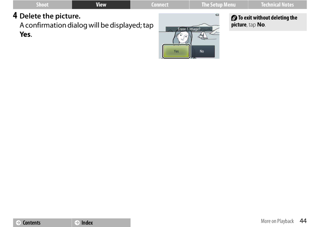 Nikon 26349, S01 Silver, COOLPIXS01RED, COOLPIXS01SIL manual Delete the picture, Confirmation dialog will be displayed tap Yes 