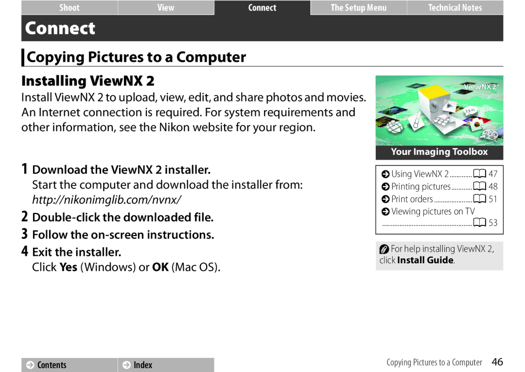 Nikon S01 Silver, COOLPIXS01RED, 26350 Copying Pictures to a Computer, Installing ViewNX, Click Yes Windows or OK Mac OS 