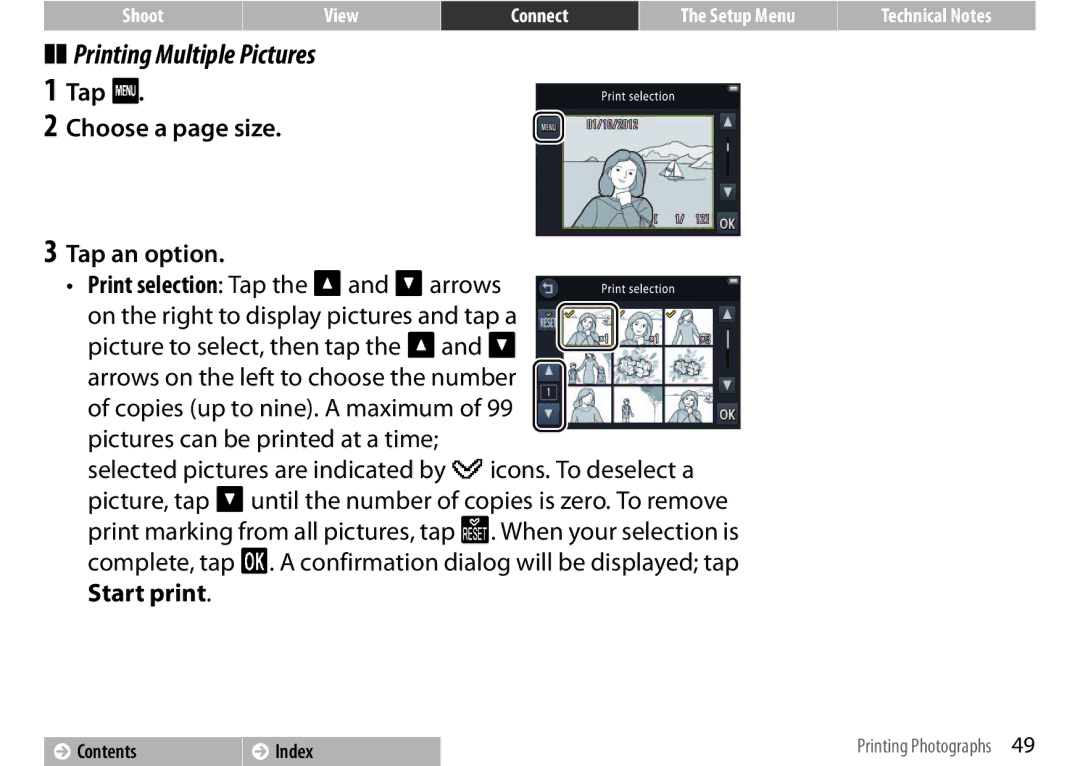 Nikon COOLPIXS01SIL, S01 Silver, COOLPIXS01RED, 26350, 26349, 26347 manual Printing Multiple Pictures, Tap F Choose a page size 