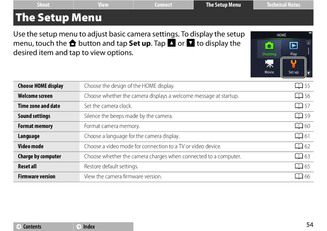 Nikon S01 Silver manual Welcome screen, Sound settings, Format memory, Language, Video mode, Reset all, Firmware version 