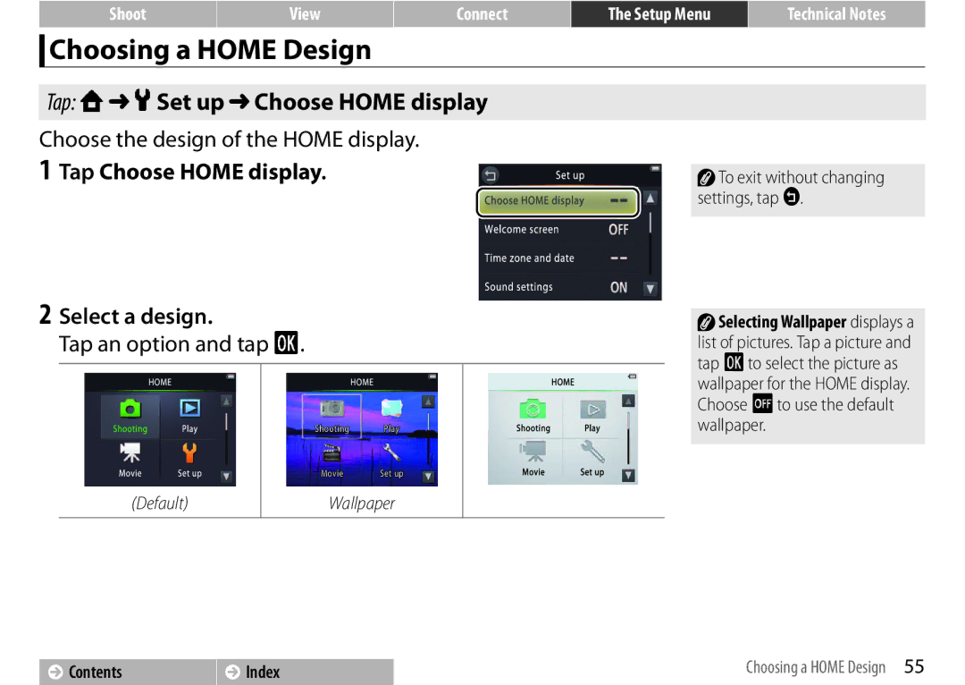 Nikon COOLPIXS01RED Choosing a Home Design, Tap W z Set up Choose Home display, Choose the design of the Home display 