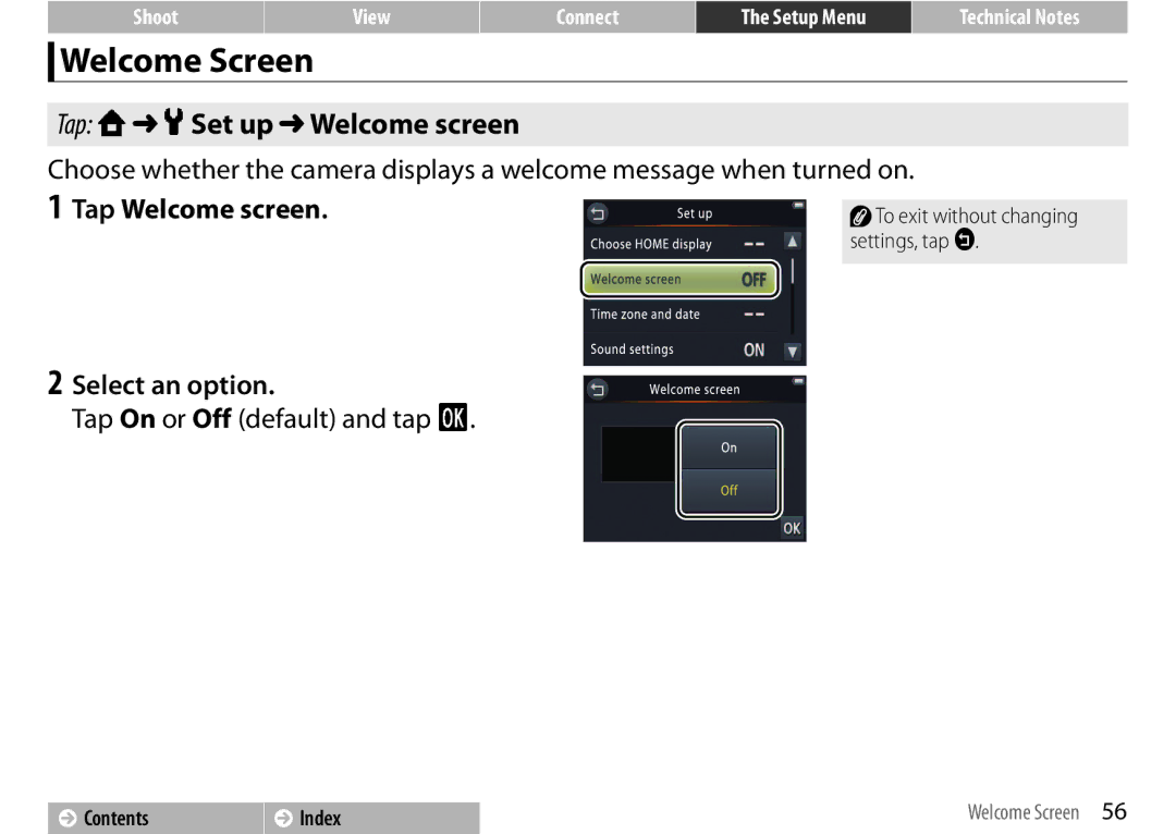 Nikon COOLPIXS01SIL manual Welcome Screen, Tap W z Set up Welcome screen, Tap Welcome screen, Tap On or Off default and tap 