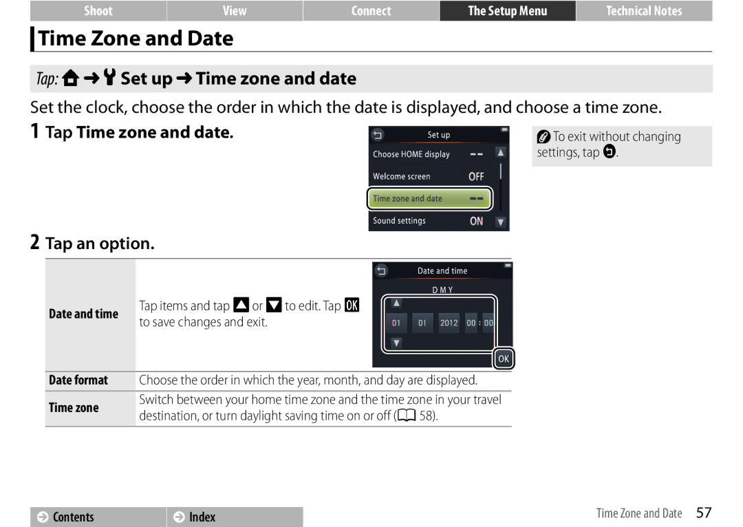 Nikon 26350, S01 Silver, COOLPIXS01RED, 26349 Time Zone and Date, Tap W z Set up Time zone and date, Tap Time zone and date 