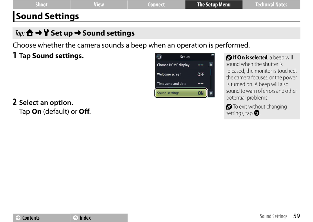 Nikon 26347, S01 Sound Settings, Tap W z Set up Sound settings, Tap Sound settings Select an option, Tap On default or Off 