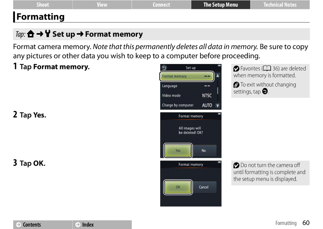 Nikon S01 Silver, COOLPIXS01RED, COOLPIXS01SIL Formatting, Tap W z Set up Format memory, Tap Format memory, Tap Yes Tap OK 