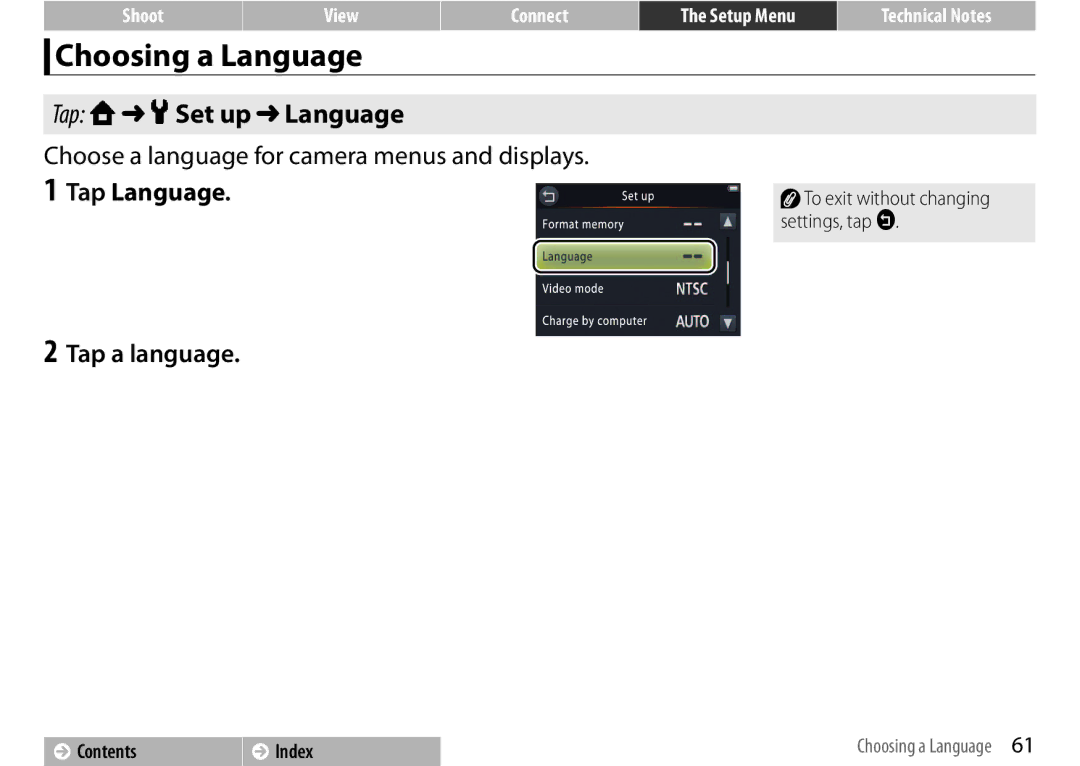 Nikon S01 Choosing a Language, Tap W z Set up Language, Choose a language for camera menus and displays, Tap Language 