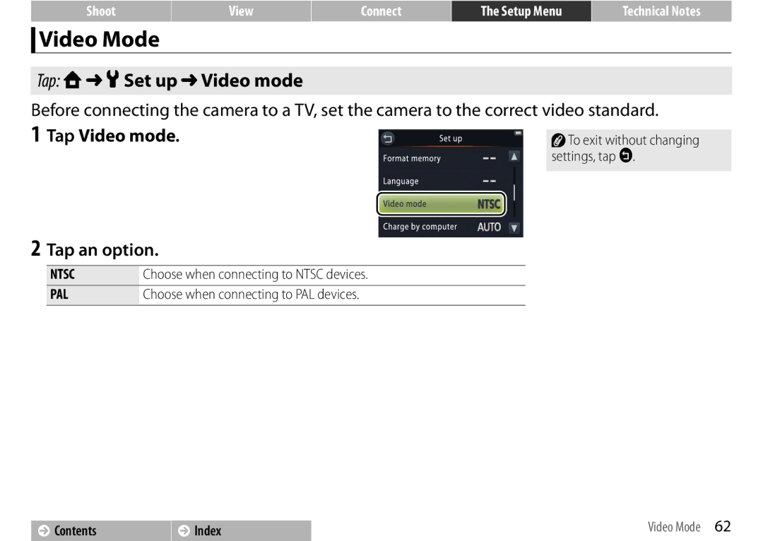 Nikon COOLPIXS01RED, 26350 Video Mode, Tap W z Set up Video mode, Tap Video mode, Choose when connecting to Ntsc devices 