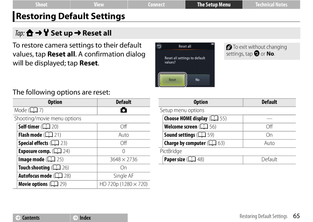 Nikon 26349, S01 Silver, COOLPIXS01RED Restoring Default Settings, Tap W z Set up Reset all, Following options are reset 