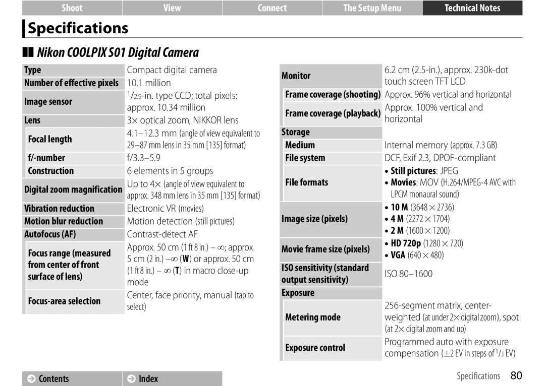 Nikon 26347, S01 Silver, COOLPIXS01RED, COOLPIXS01SIL, 26350, 26349 manual Specifications 