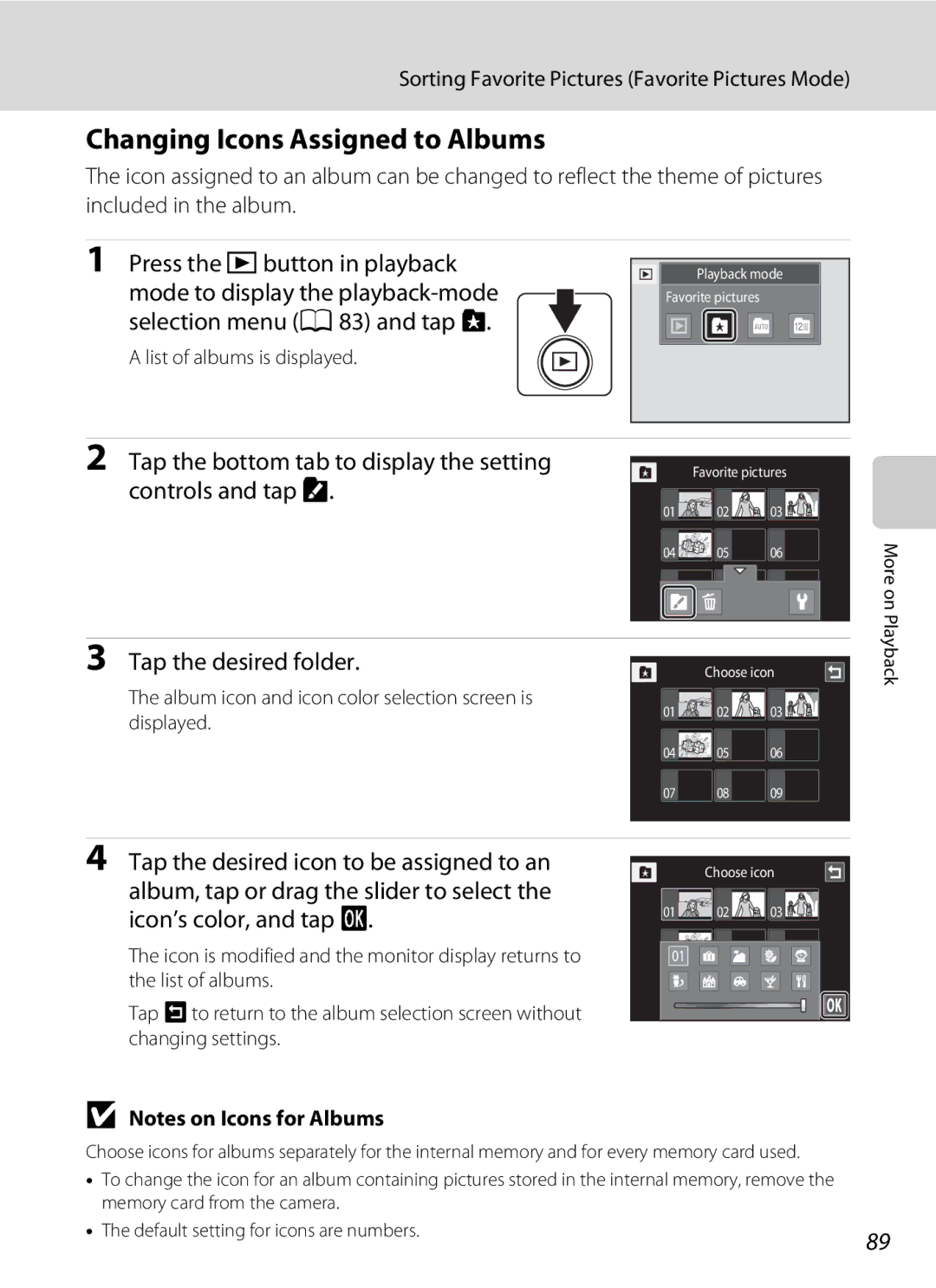 Nikon S1100pj user manual Changing Icons Assigned to Albums, Tap the desired folder 