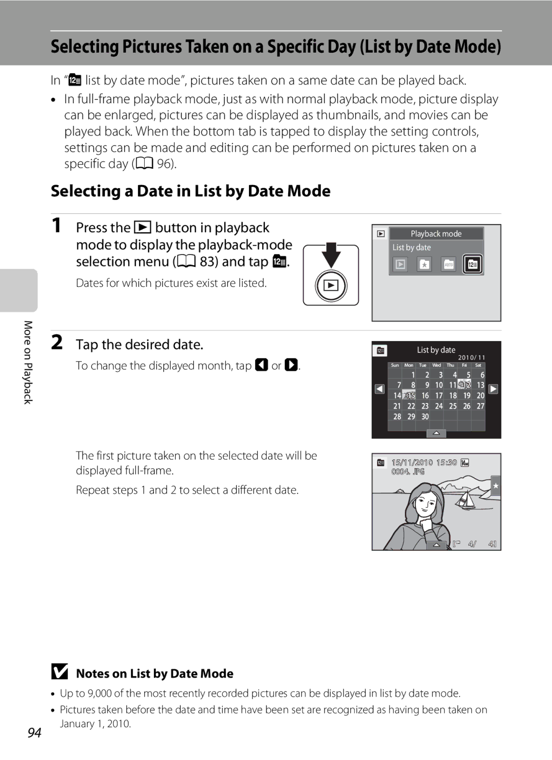 Nikon S1100pj Selecting a Date in List by Date Mode, Tap the desired date, Dates for which pictures exist are listed 