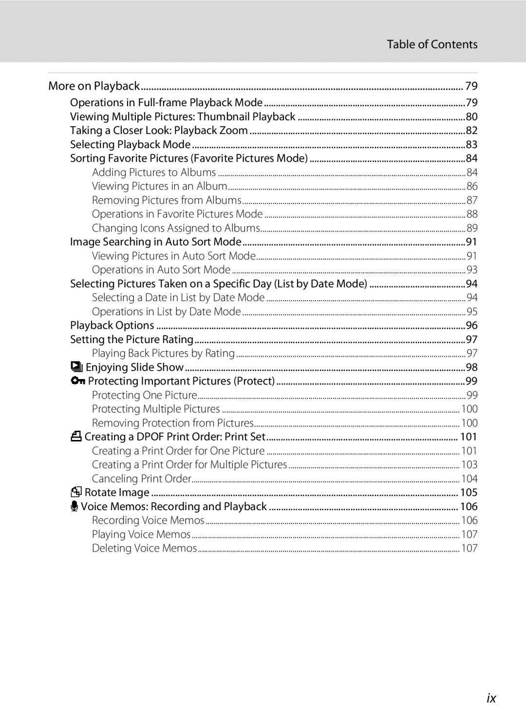 Nikon S1100pj user manual 101, 103, 104, 105, 106, 107 