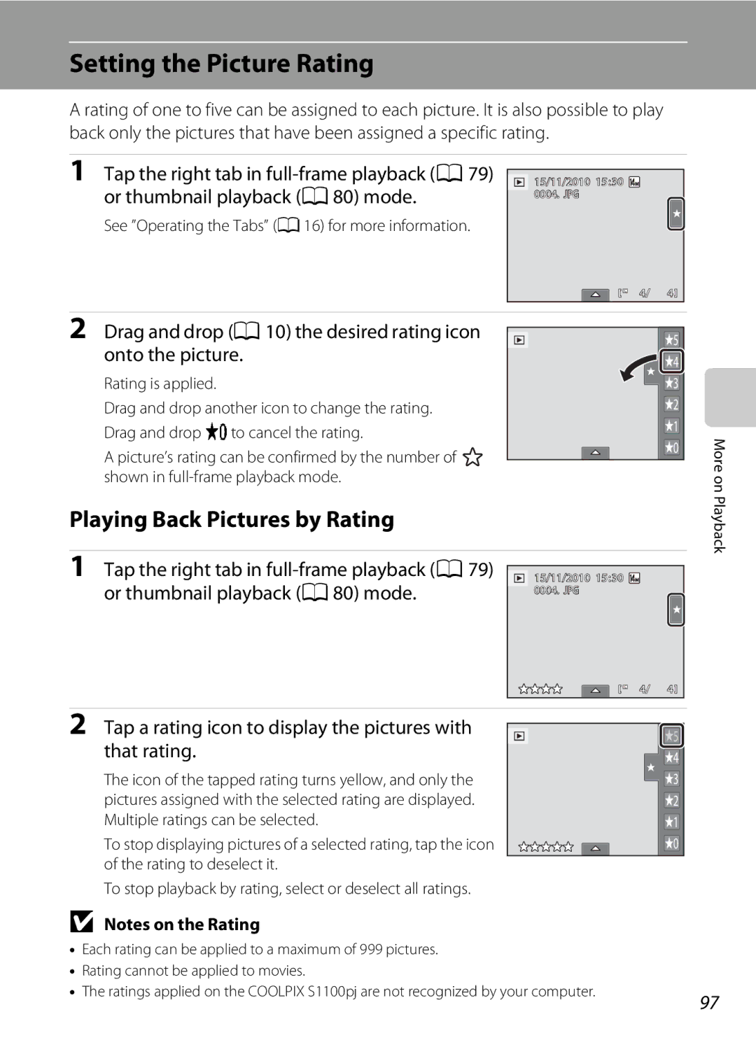 Nikon S1100pj user manual Setting the Picture Rating, Playing Back Pictures by Rating 