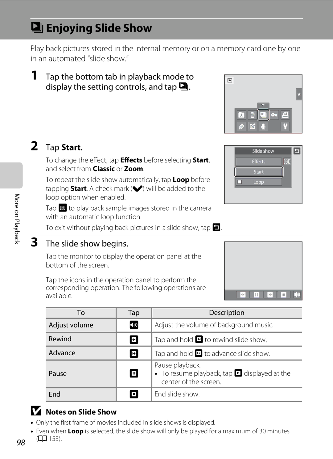 Nikon S1100pj user manual BEnjoying Slide Show, Tap Start, Slide show begins, Center of the screen, End End slide show 