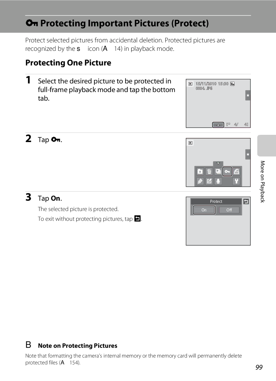 Nikon S1100pj DProtecting Important Pictures Protect, Protecting One Picture, Select the desired picture to be protected 